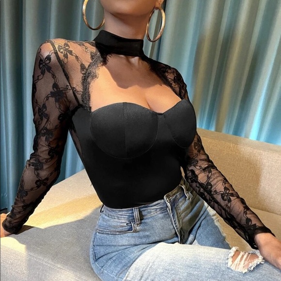 Black lace insert mock neck blouse - Picture 5 of 5